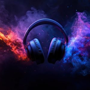 A dynamic image of headphones surrounded by vibrant orange, purple, and blue sound waves.