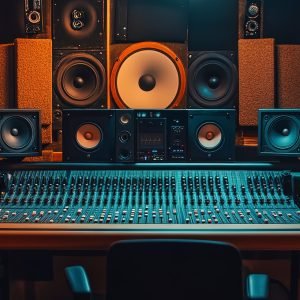 Home recording studio with studio monitors, mixing board, and soundproofing, showcasing the professional audio setup for music production --ar 2:1 --v 6.1 Job ID: 04dda5e5-ceb4-4870-8b6b-88e558256463